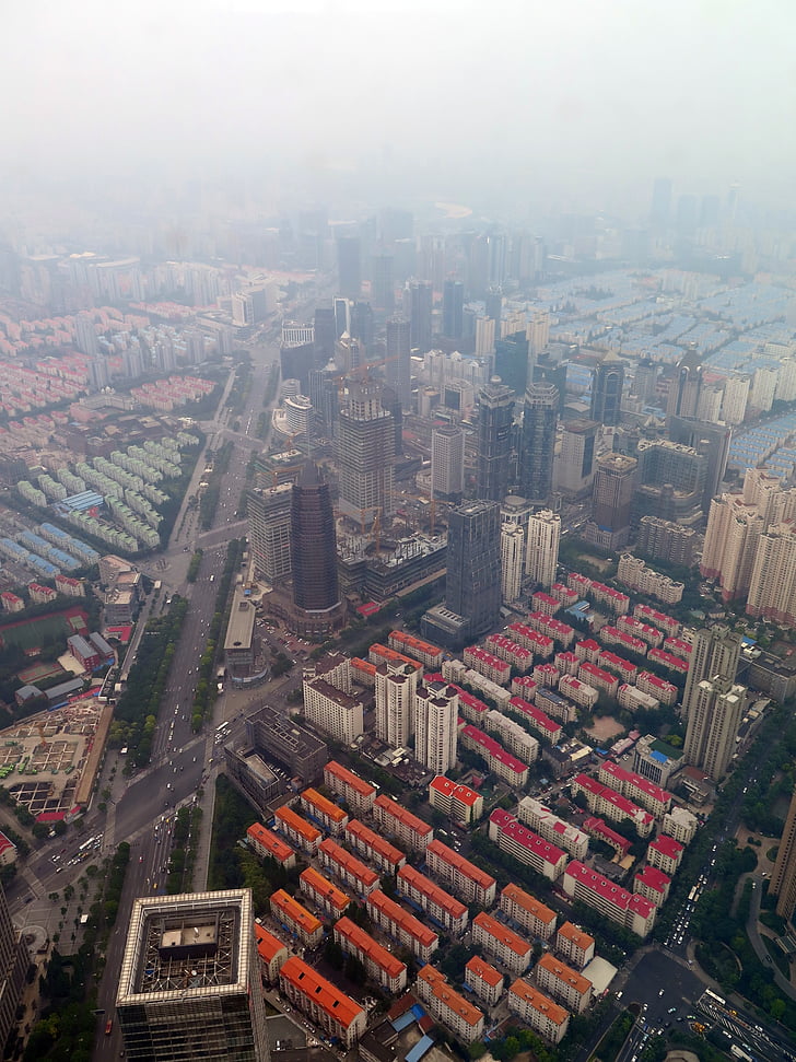 Shanghai, Skyline, smog, skyskrapor, Kina, skyskrapa, staden
