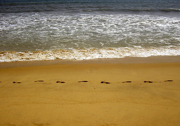 beach, sea ​​shore, tracks, sand, footprints in the sand, surf, coast