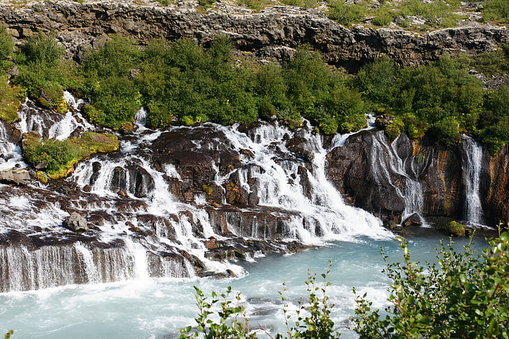 hraunfossar waterfall, iceland, waterfall, landscape, hallmundarhraun, hvítá river, water