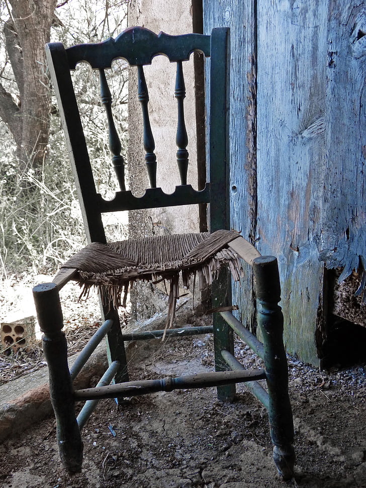 trasig stol, gamla, ruin, övergiven