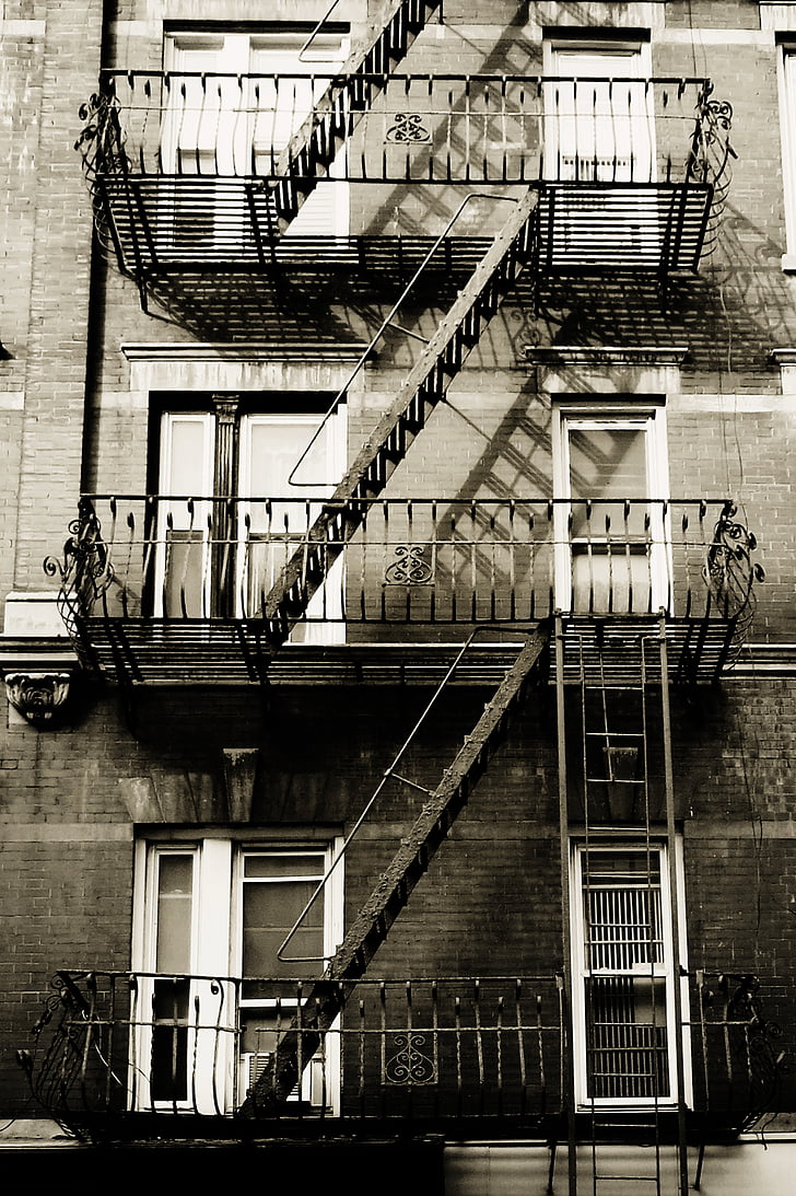 New york, Manhattan, mjesta od interesa, crno i bijelo, arhitektura, zgrada izvana, požarne stepenice