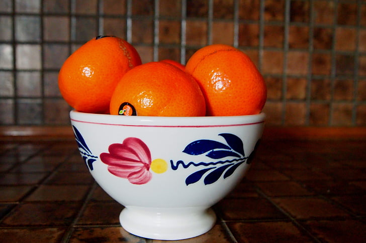 Mandarin, frugt, parabol, keramik, Brabants pels, køkkenbordet