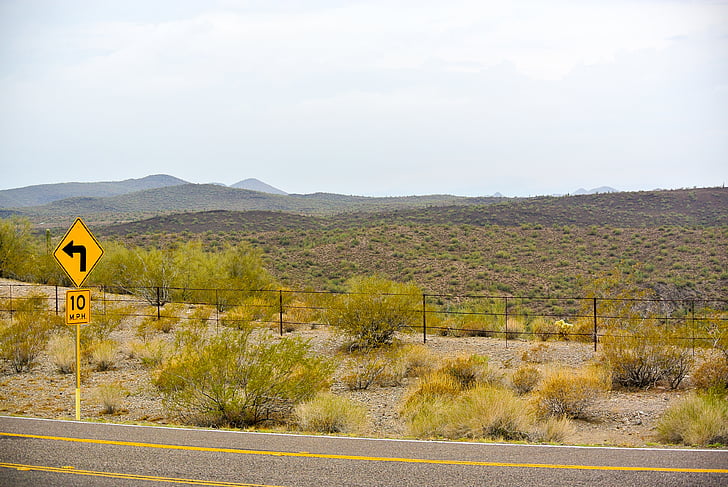 šosejas, satiksmes zīmes, daba, krūmi, ASV, Arizona, tuksnesis