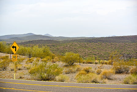 highway, traffic sign, nature, shrubs, usa, arizona, desert