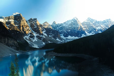 moraine lake, water, reflections, canada, mountains, snow, winter