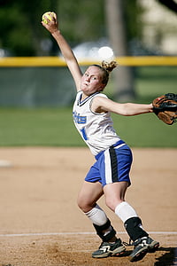softball, pitcher, player, action, pitch, pitching, field