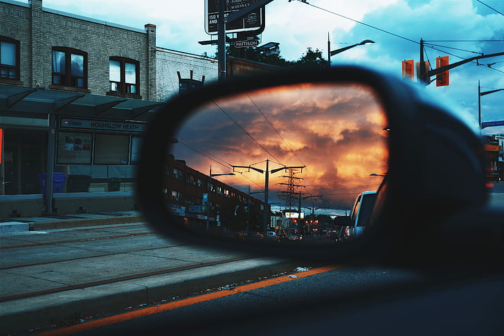 black, side, mirror, showing, sunset, clouds, car