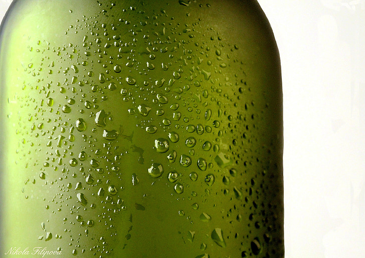 flaska, glasflaska, grön, droppar, droppar vatten, makro, våt