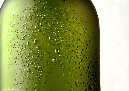 ampolla, ampolla de vidre, verd, gotes, gotes d'aigua, macro, mullat