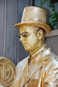 estatua de, Estatua viviente, oro, latón, amarillo, sombrero, hombre