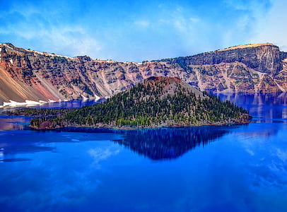 Kraterio ežeras, sala, ežeras, kalnas Mazamos, kalnai, Gamta, Oregon