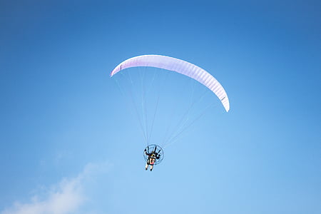 person, parachuting, mid, air, clear, blue, sky