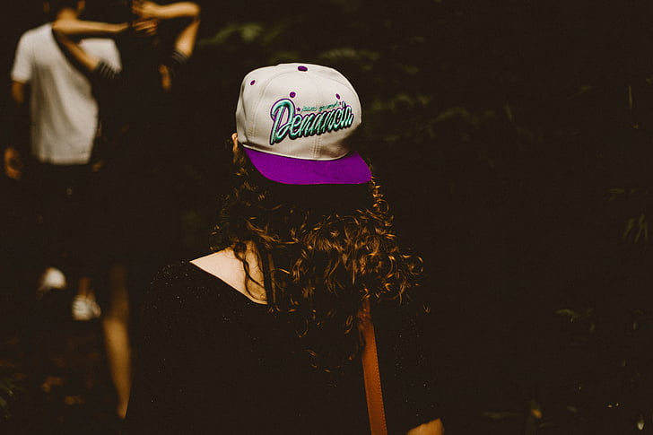 woman, wearing, white, purple, snapback, cap, people