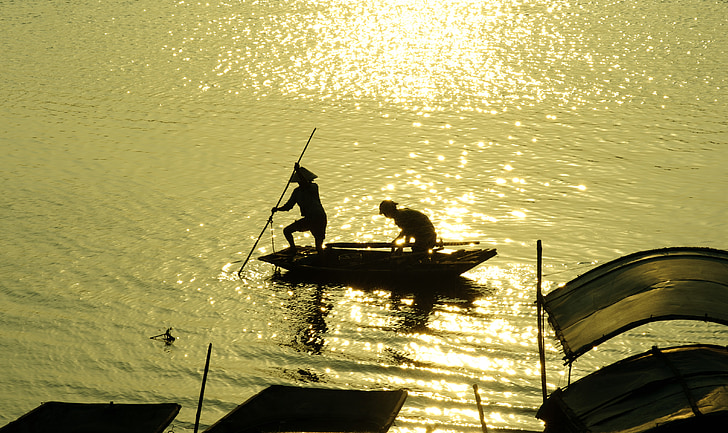 Kolam, air, perahu, menangkap ikan, matahari terbenam, emas, sore hari