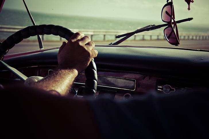 driving, steering wheel, dash, sunglasses, windshield, car, hand