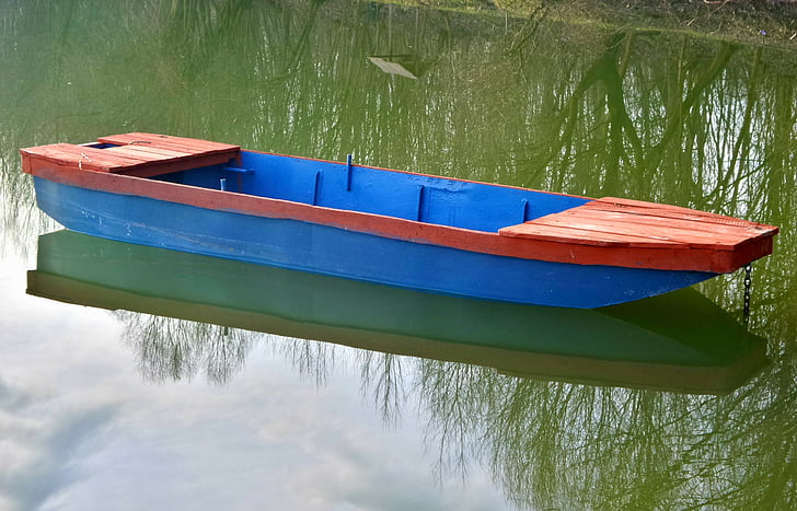 båt, vann, blå og rød, Lake, pomd, tre, tomme