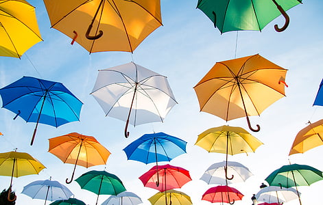 ανάμικτο, χρώμα, ομπρέλες, τα μέσα, αέρα, της ημέρας, ουρανός