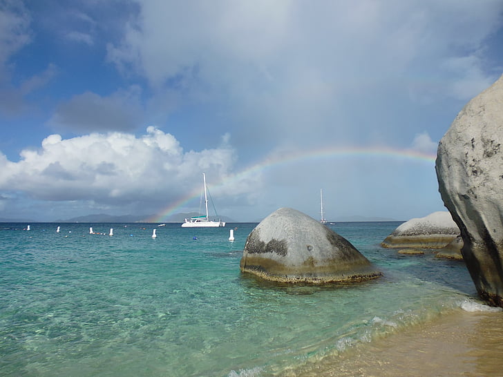 Sun, Beach, Karibia, purjevene, Rainbow, Rock, Sea