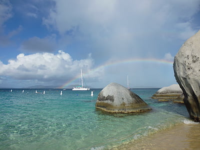 sole, spiaggia, Caraibi, barca a vela, arcobaleno, roccia, mare