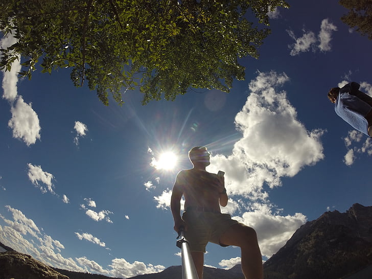 man, photo, photographer, gopro, sky, looking up, view