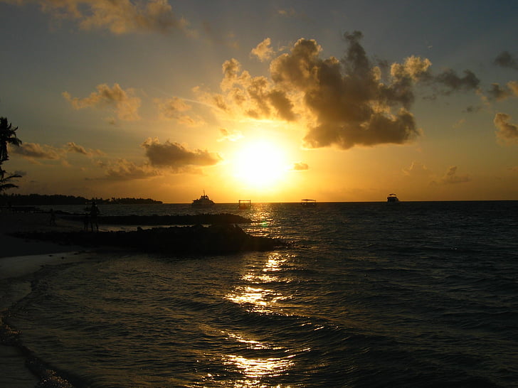 mar, férias, Maldives, pôr do sol, sol, noite, quente