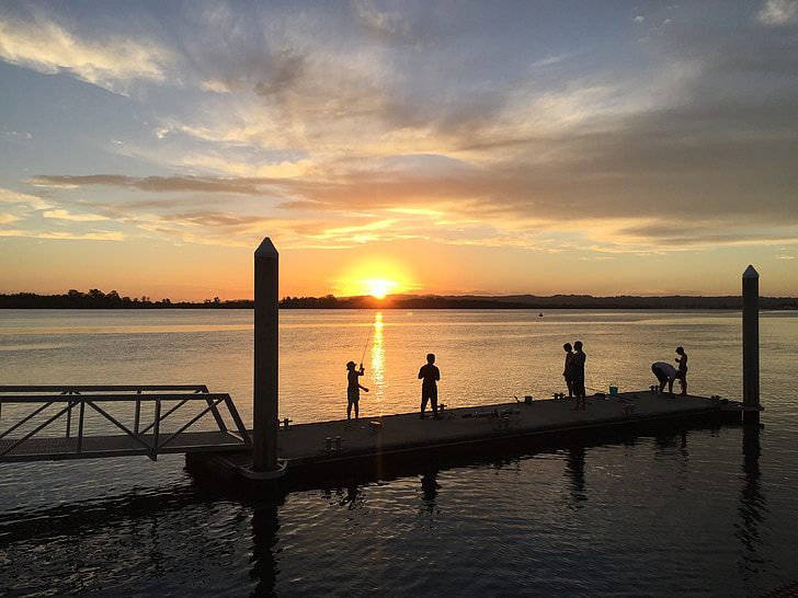 solnedgång, fiske, Australien, personer, Pier, kvällen, silhuetter