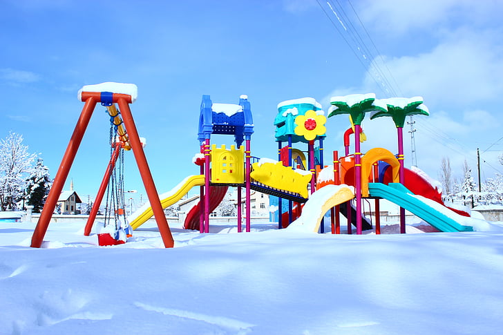 công viên trẻ em, tuyết, mùa đông, vui vẻ, hoạt động ngoài trời, Sân chơi trẻ em, slide - thiết bị chơi