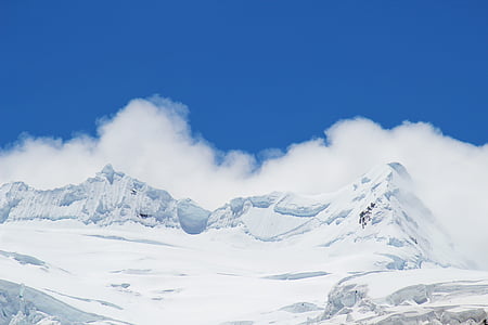 ciel bleu, nuage blanc, Mont enneigé, montagne, neige, hiver, température froide