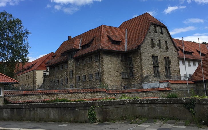 prison, godehardi, hildesheim germany, historically, grid, barbed wire, masonry