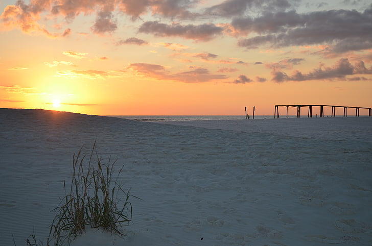 plage, Pier, sable, coucher de soleil, Panama city beach, Floride, mer