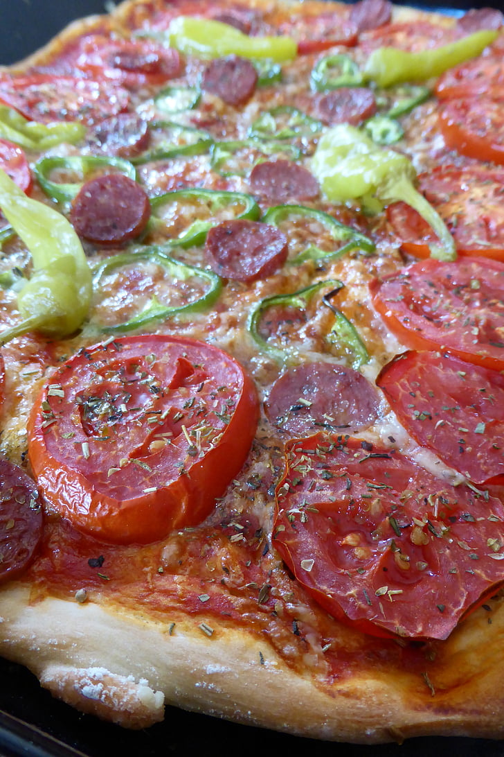 Pizza, Italiaans, voedsel, Pizza topping, salami, pepperoni, tomaten