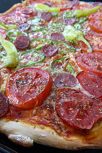 pizza, italiensk, mat, pizza topping, salami, pepperoni, tomater