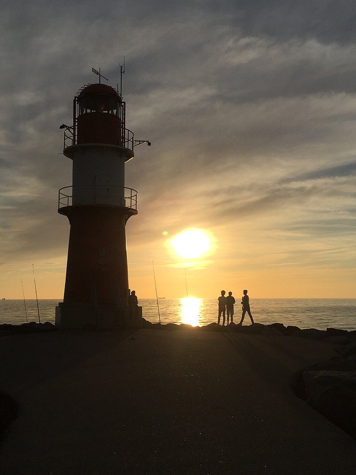 vuurtoren, zonsondergang, kust, schemering, Coast lighthouse, avondzon, silhouet