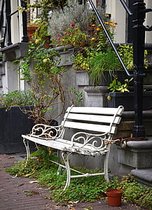 bank, bench, break, amsterdam, sit, rest, flowers