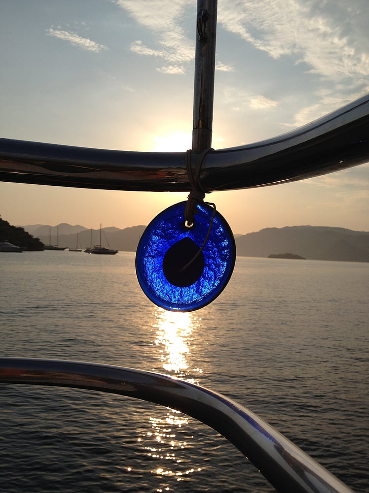 Lucky charm, Grekland, Turkiet, vatten, Boot, solnedgång, blå