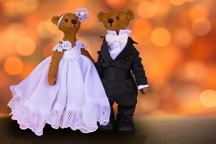 емоции, сватба, булката и младоженеца, Теди, плюшени мечета, сватбена рокля, костюм