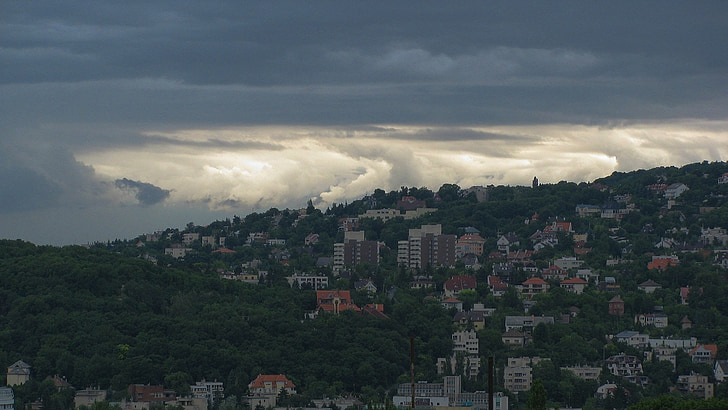 Budapest, awan, Cuaca hujan, abu-abu, pemandangan kota
