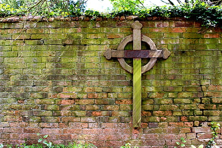 cross, wall, bricks, church, christianity, sign, symbol