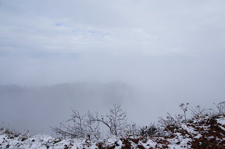 mountains, winter, creux du van, switzerland, jura, snowfall, fog