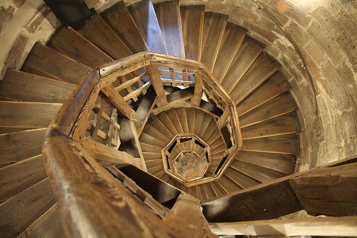Torre, escaleras, madera, espiral, escalera, profundo, alta