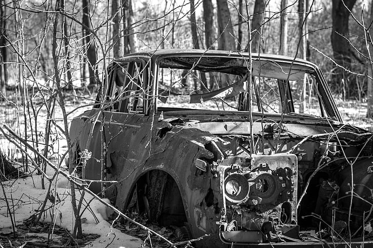 car, rust, black, white, old, metal, vehicle