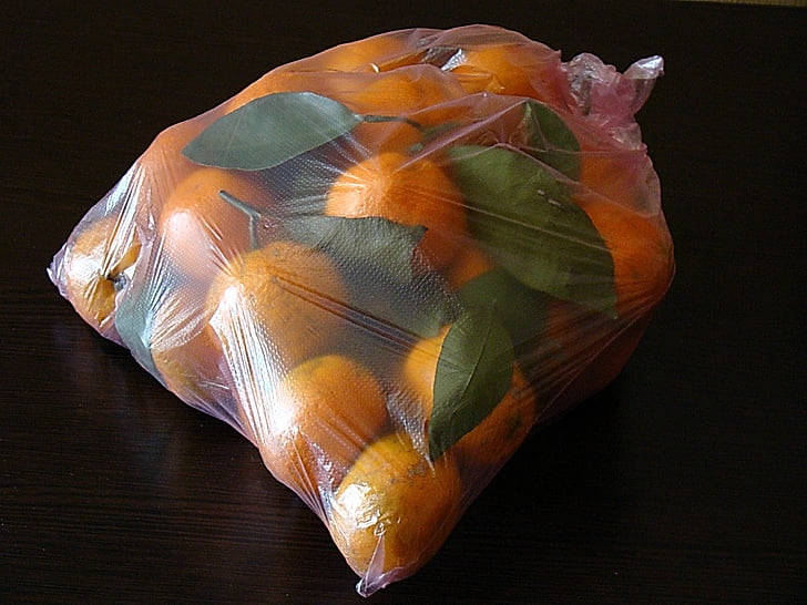 mandarines, feuilles, paquet, emballage, transparent