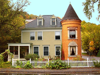 New england, Vermont, Colonial, hus, faller, historiska, arkitektur