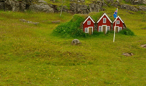 žolės stogai, Islandija, kalnų nameliai, prieglobstis