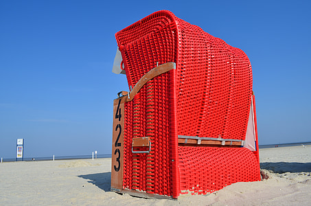 παραλία καρέκλα, κόκκινο, στη θάλασσα