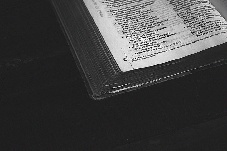 bible, black-and-white, blur, book, close-up, document, focus