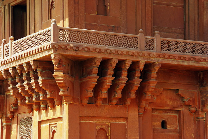 Indien, Fahtepur sikri, Palast, Architektur, steinerne Spitzen, Balkon, aus rosa Sandstein