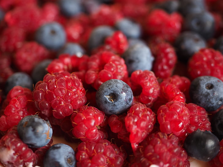 Raspberry, Blueberry, Berry, buah-buahan, Manis, merah, biru