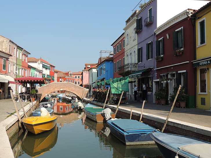 channel, colorful houses, boats, reflections, burano island, burano, multicolor