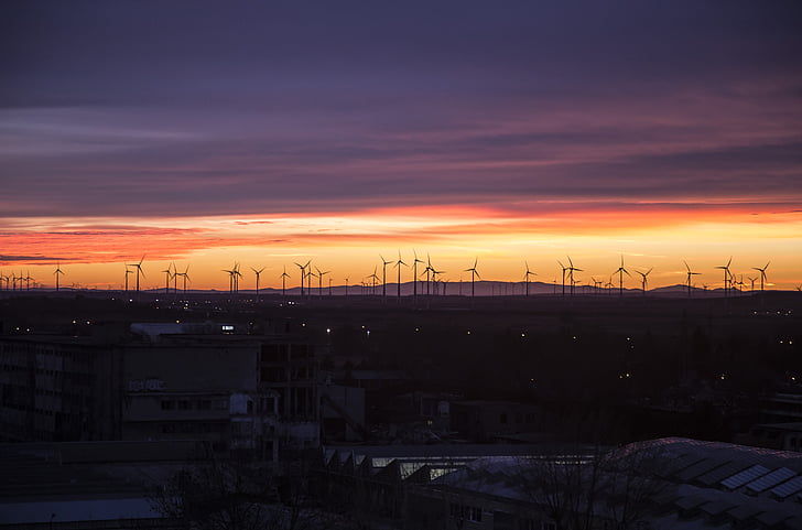 wind energy, sunset, wind mills, renewable energy, silhouettes